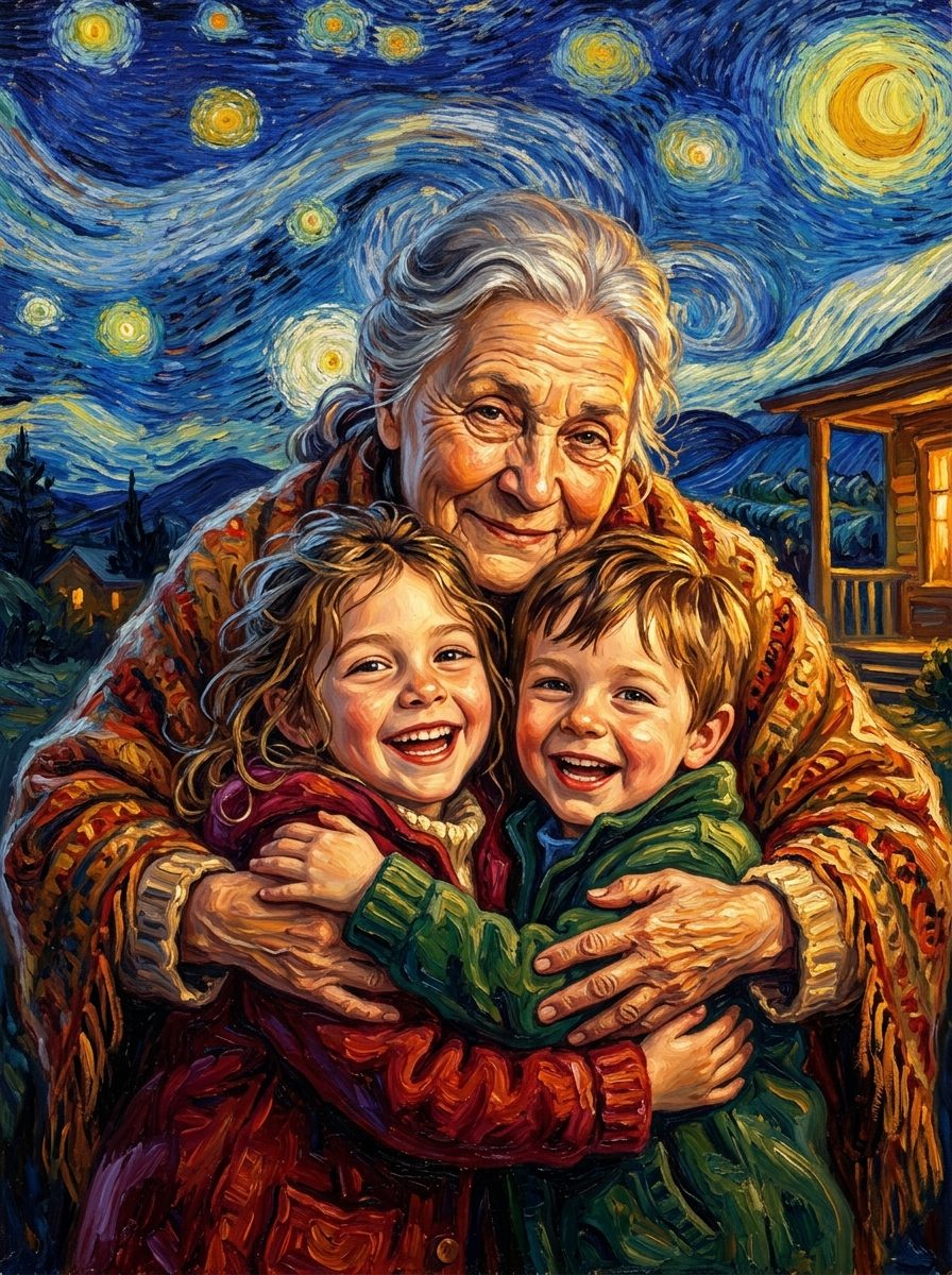 Oma met kleinkinderen in Van Gogh-stijl